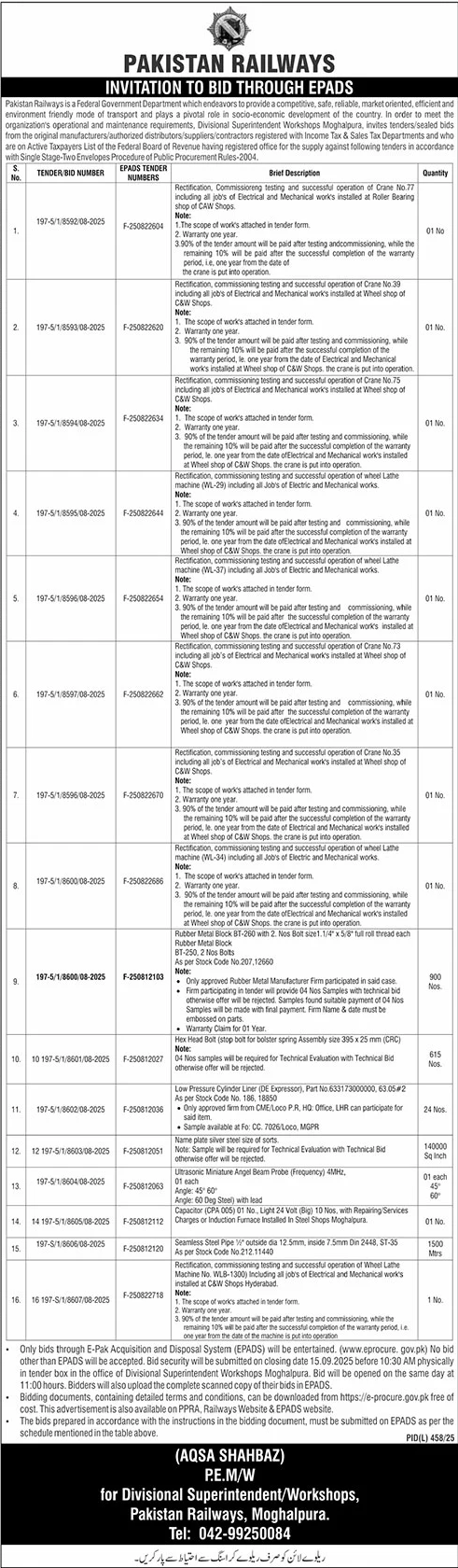Pakistan Railways Lahore Tender Notice